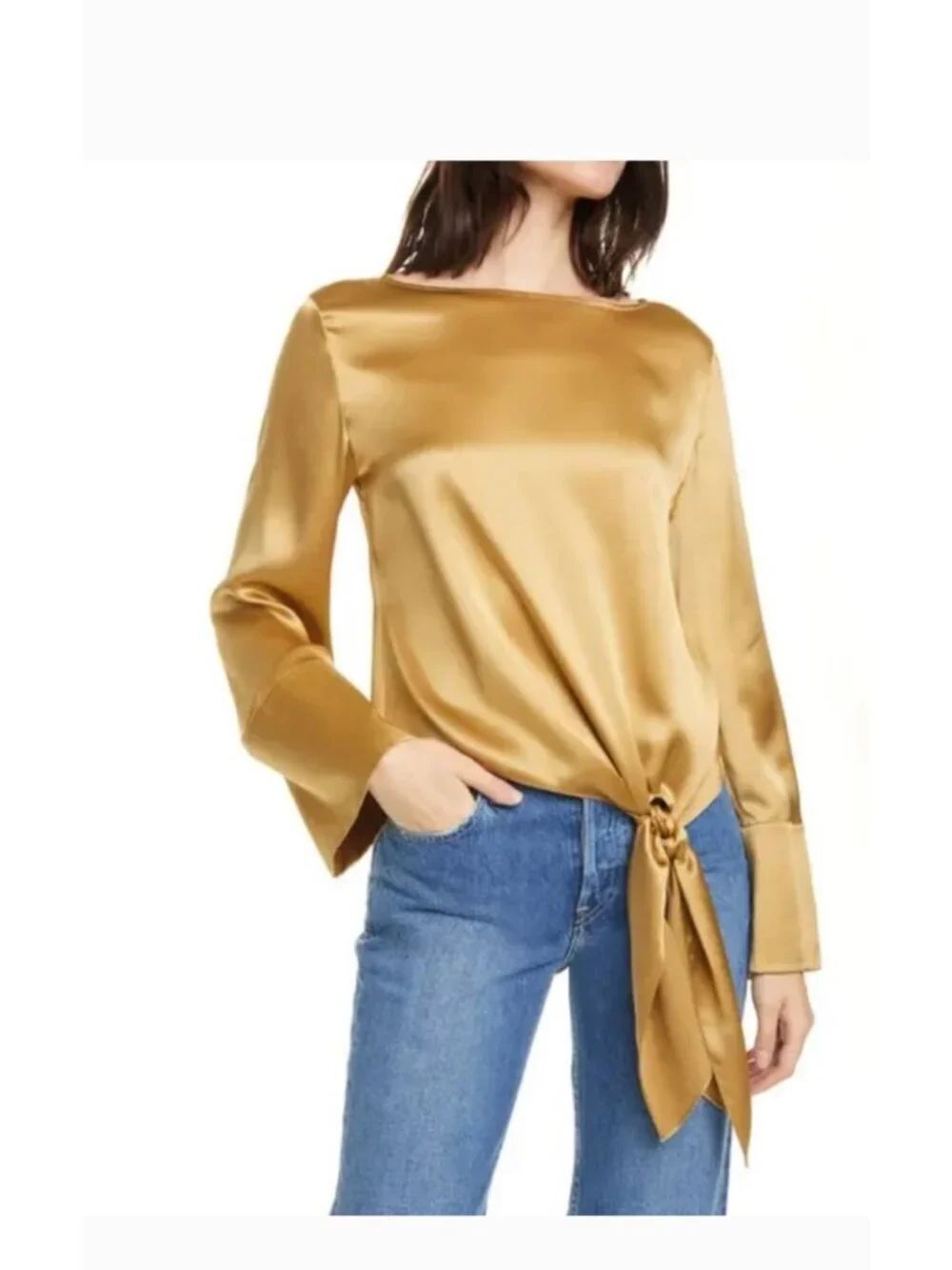 Cinq A Sept Womens Blouse Top Small Gold 100 Silk Satin voluminous tie NWT